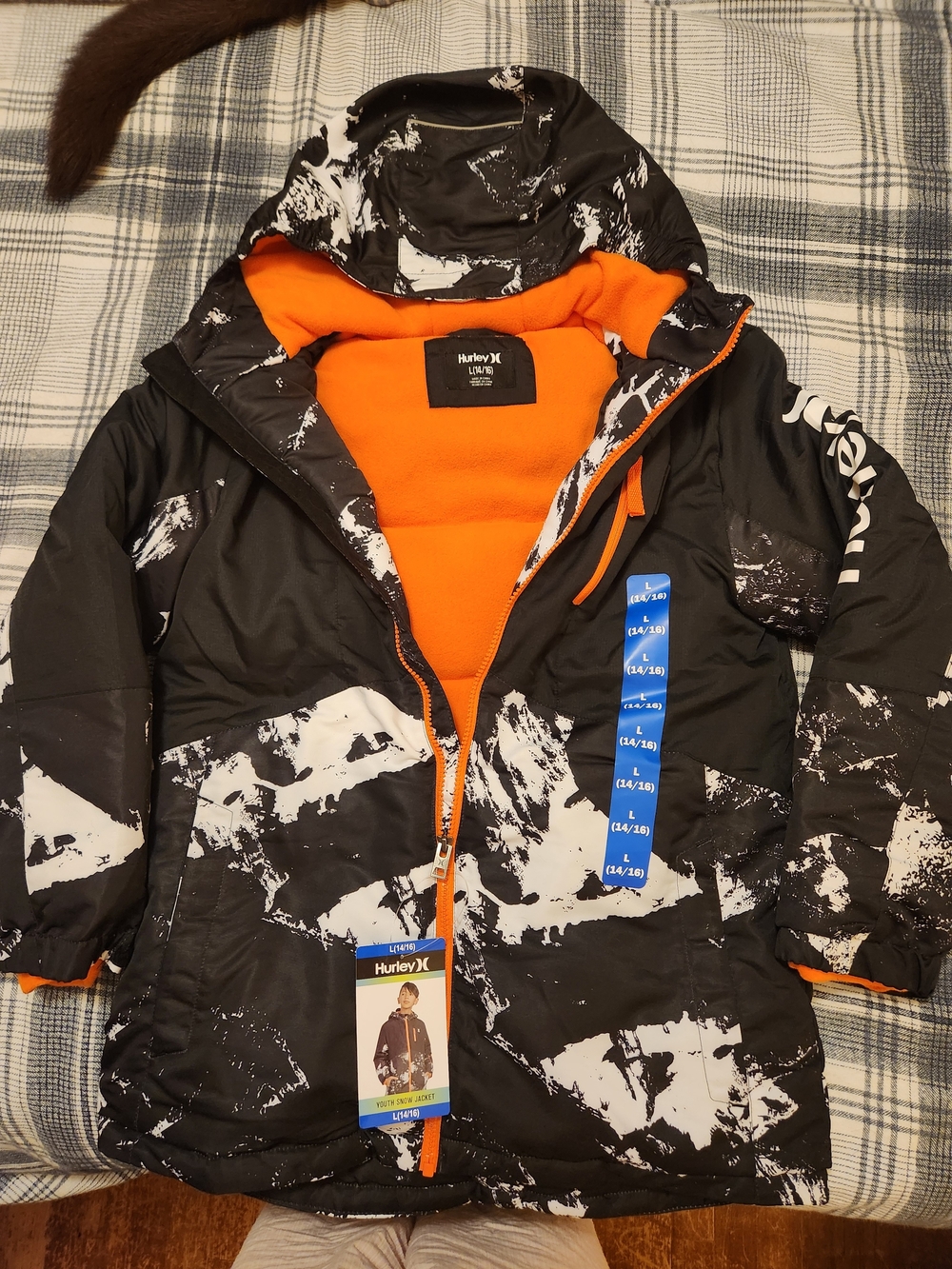 Hurley Black & White Puffer Jacket with Orange Lining